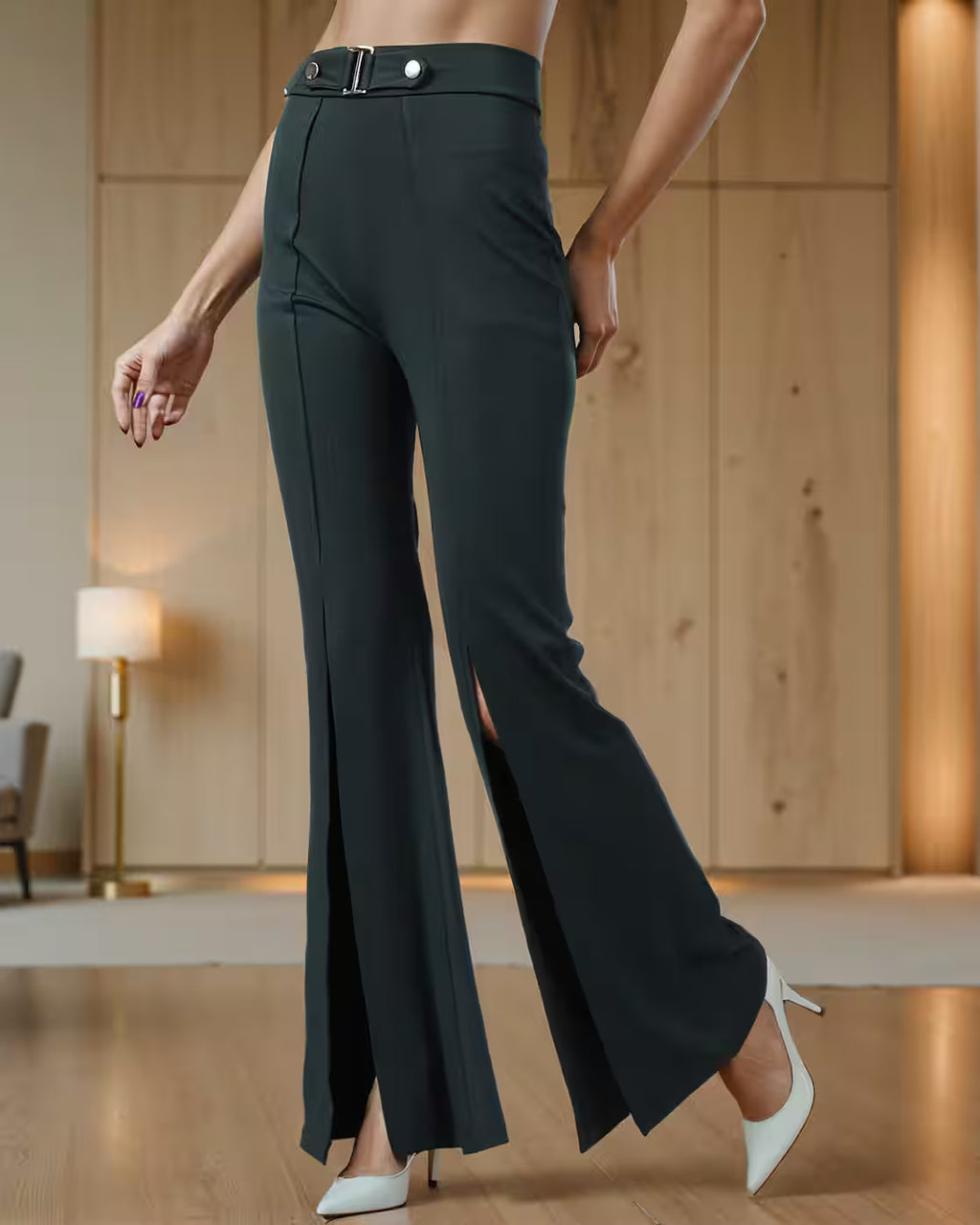 Party Full Length Pleated Front-Slit Flared Fit Trousers with Belt