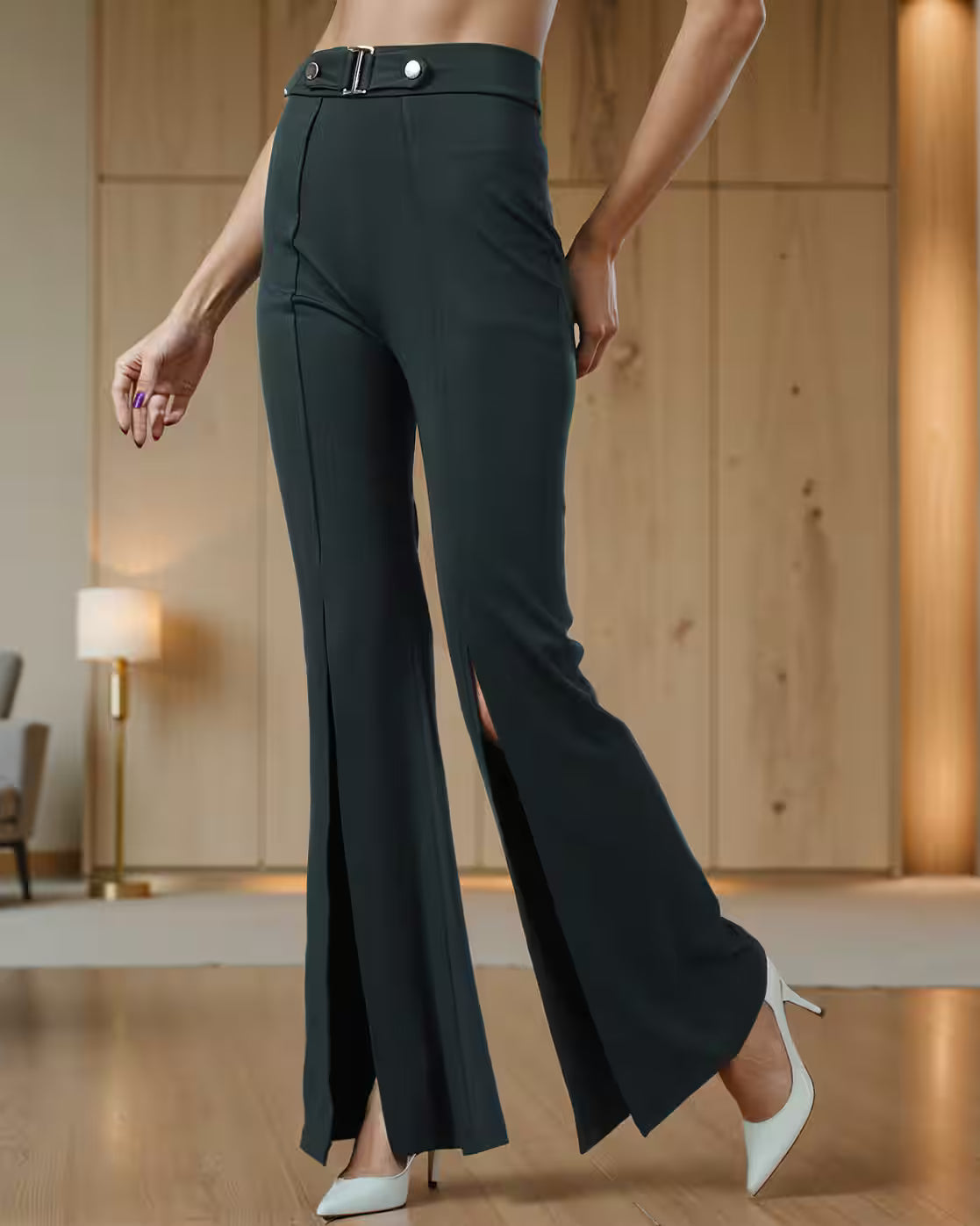 Party Full Length Pleated Front-Slit Flared Fit Trousers with Belt