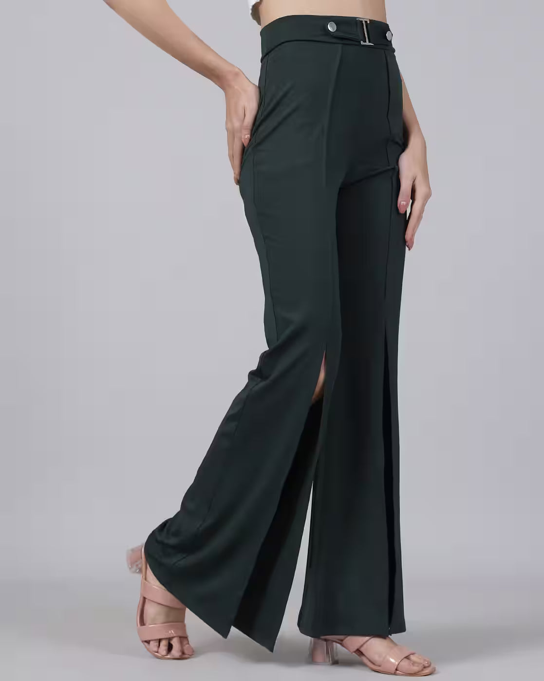 Party Full Length Pleated Front-Slit Flared Fit Trousers with Belt