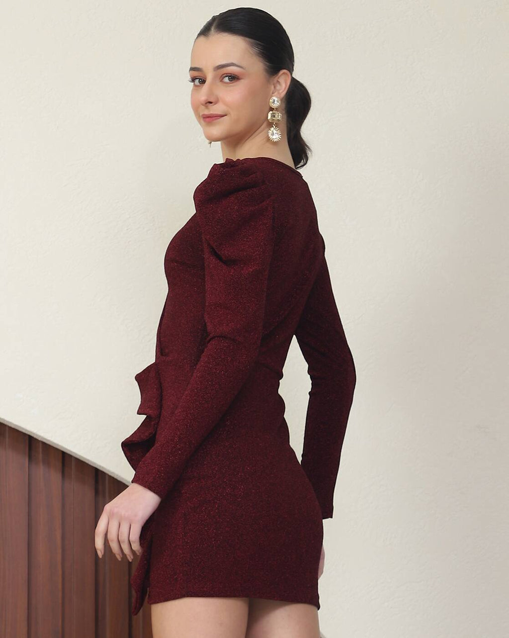 Dressbees wine mock wrap front ruffle bodycon dress