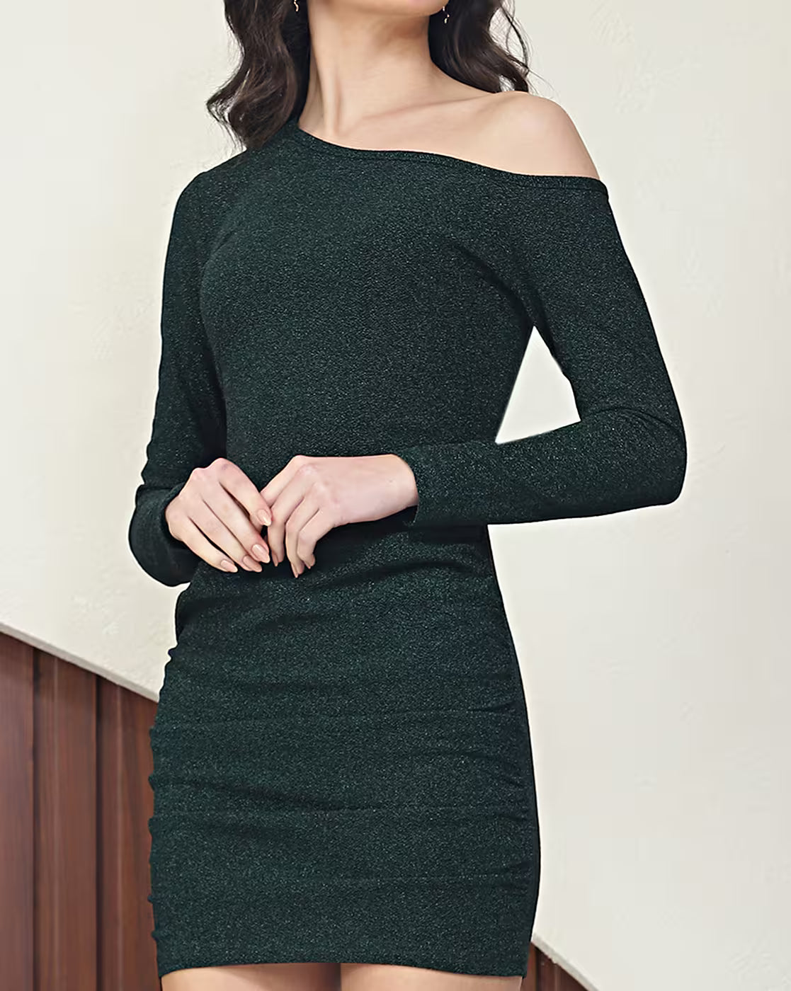 Party Mini Length One Shoulder Full Sleeve Bodycon Dress