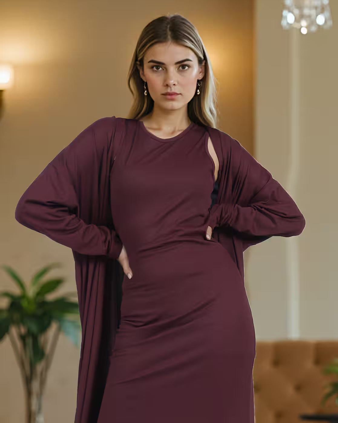 Dressbees Party Ribbed Wine Midi Bodycon Dress with Side Slits