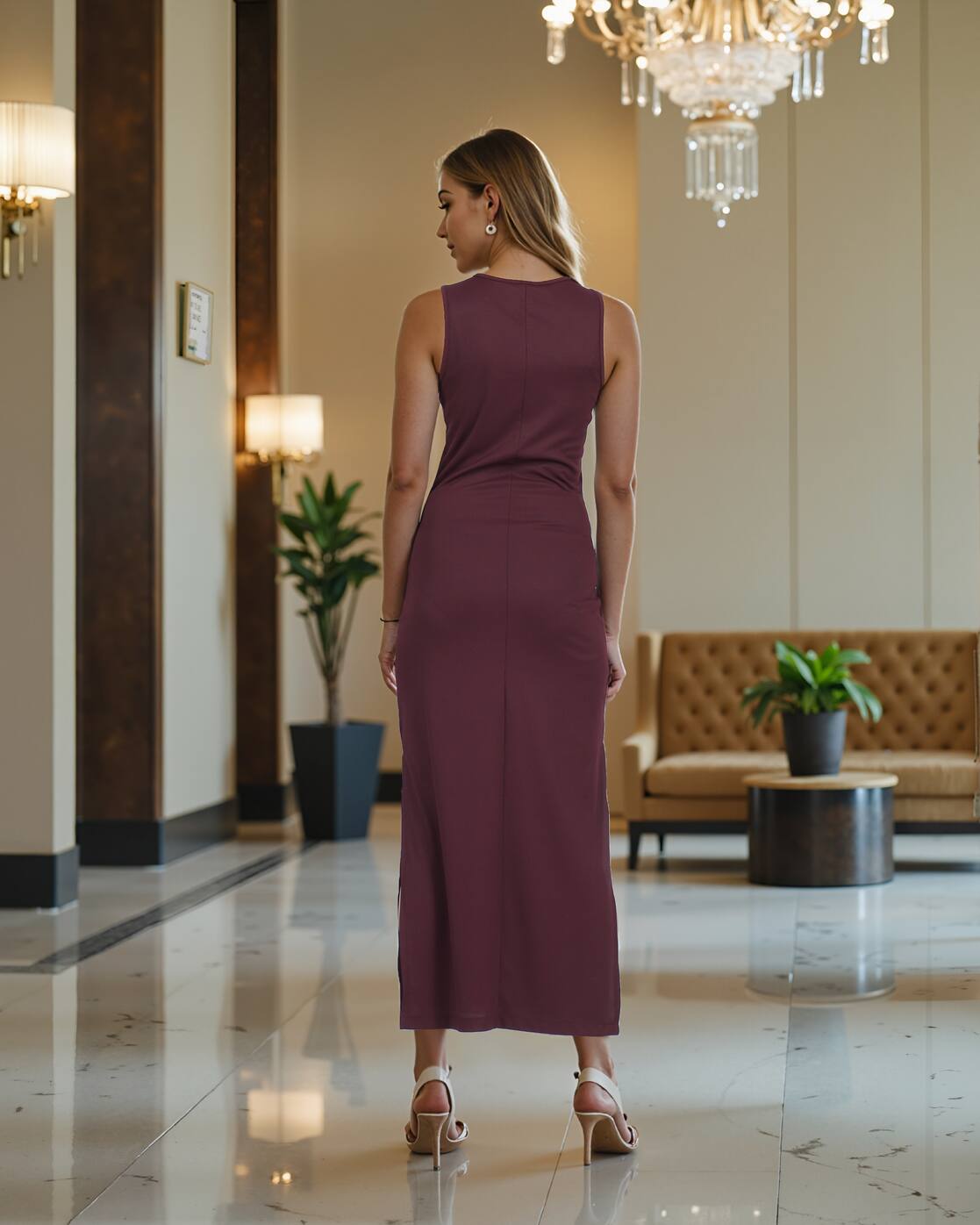 Dressbees Party Ribbed Wine Midi Bodycon Dress with Side Slits