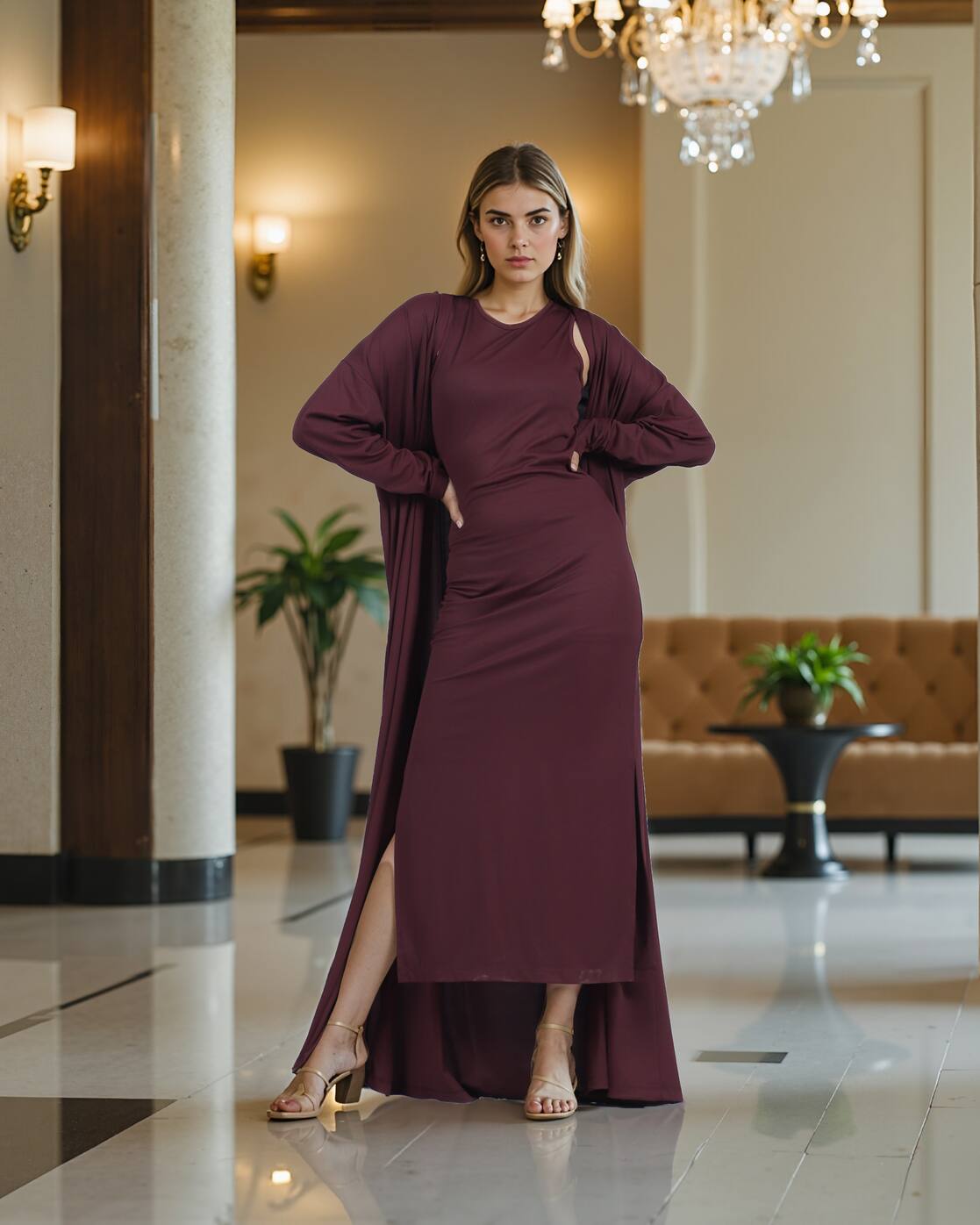 Dressbees Party Ribbed Wine Midi Bodycon Dress with Side Slits