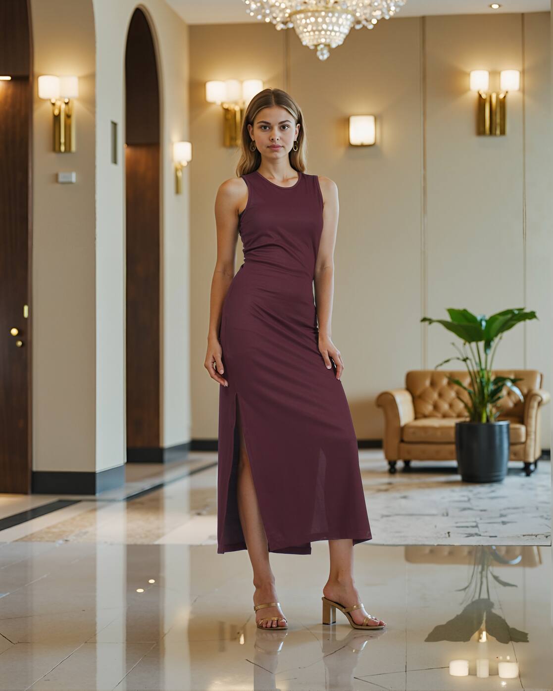 Dressbees Party Ribbed Wine Midi Bodycon Dress with Side Slits