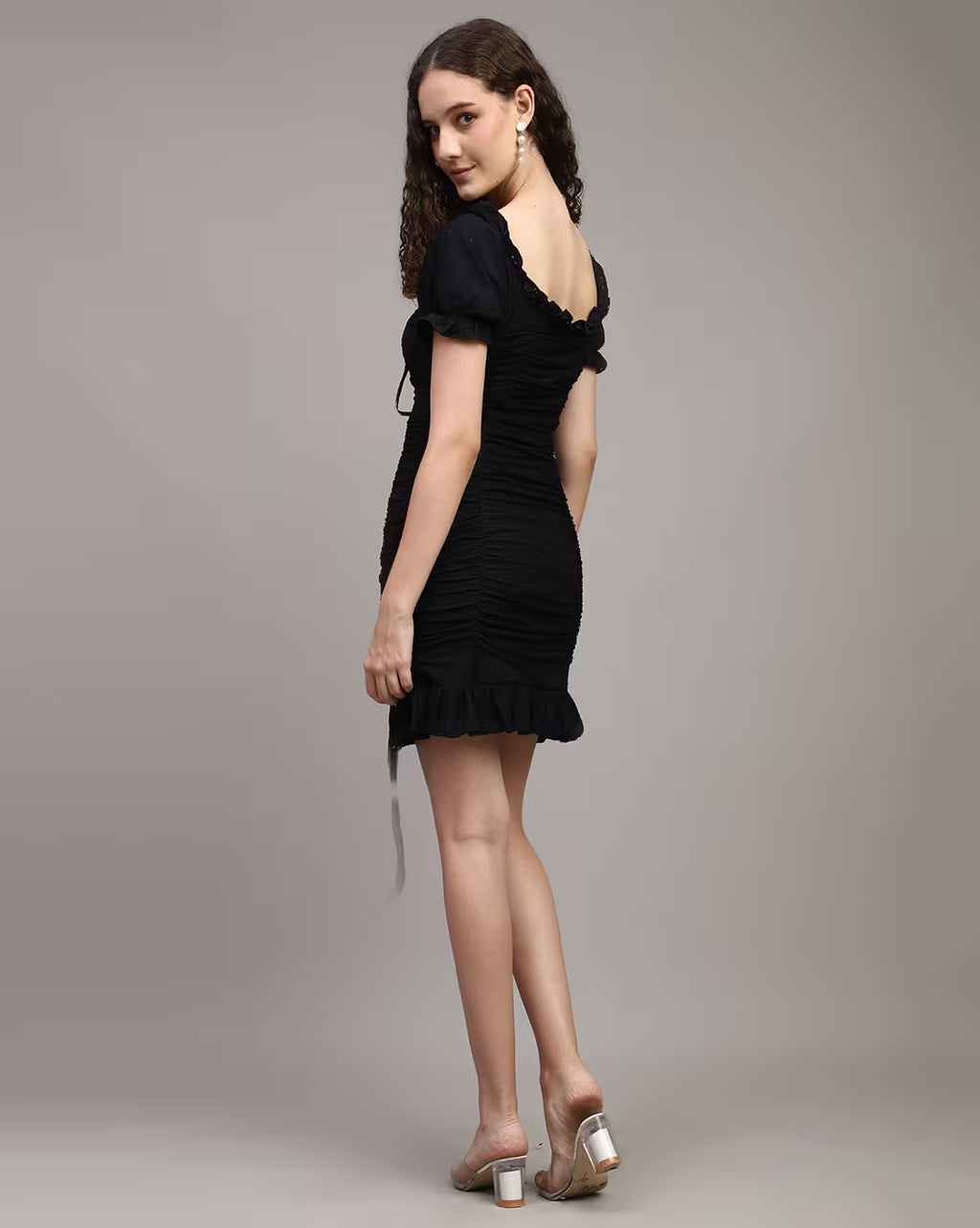 Dressbees Puff Sleeves Ruffle Trim Ruched Bodycon Dress