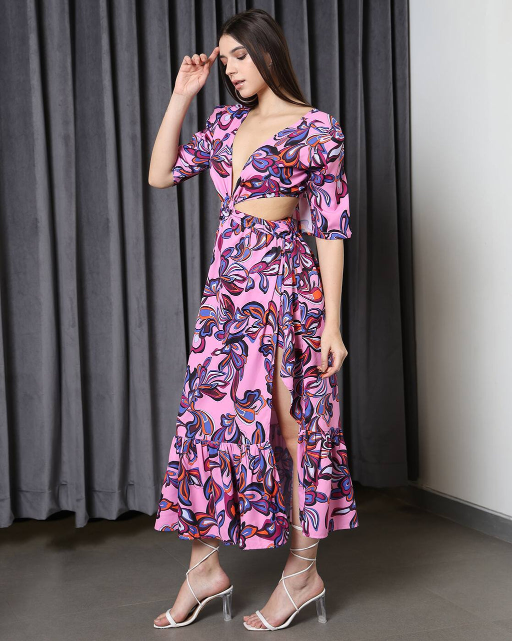 Puff Sleeve Floral Print A-Line Dress