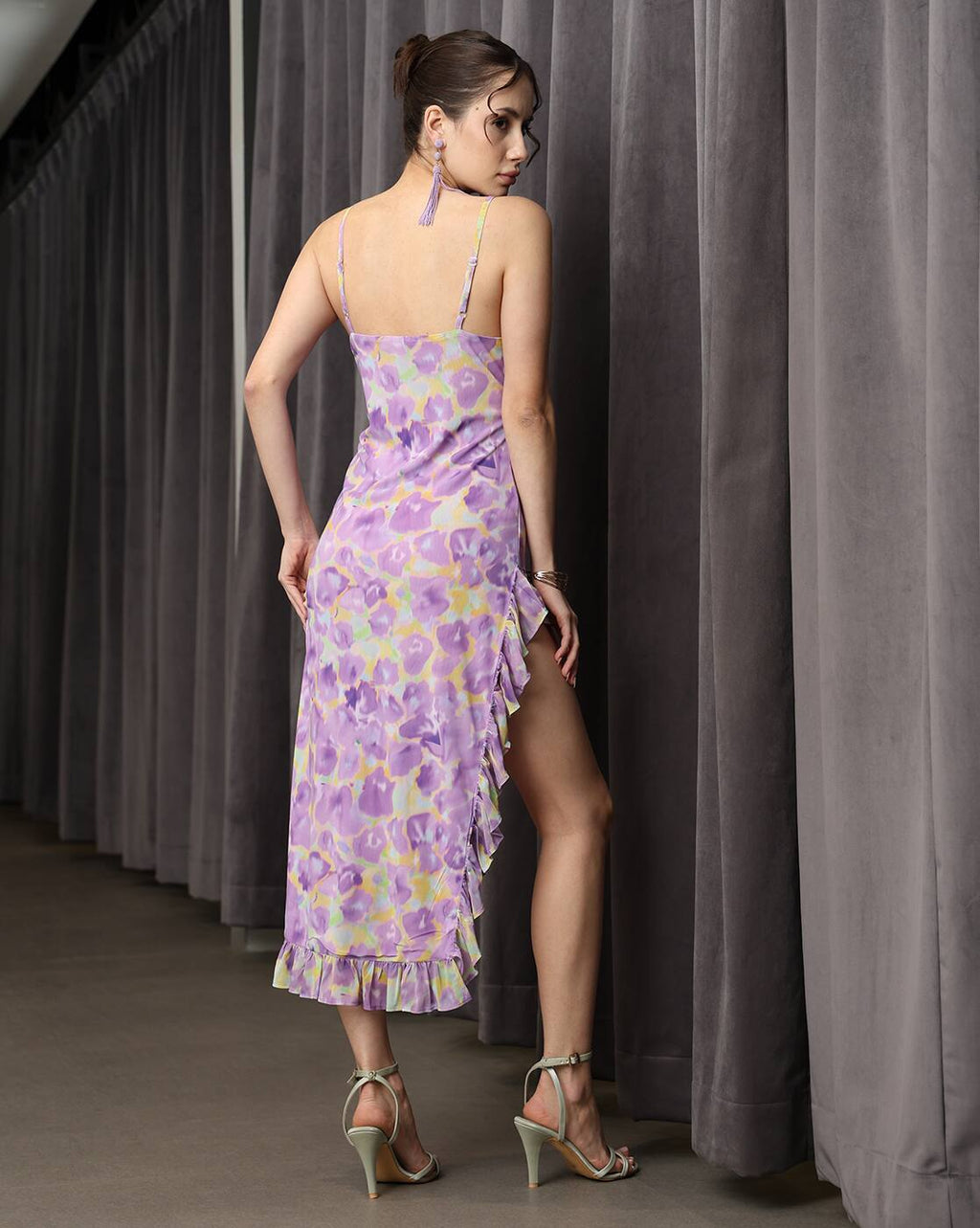 Party Strappy Sleeves Floral Print Ruffled Dress