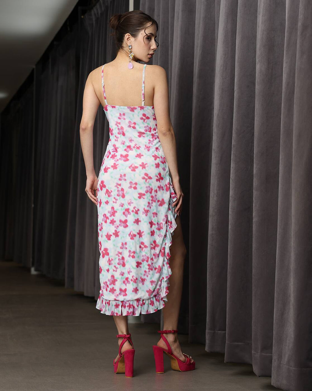 Spaghetti Strap Floral Print Ruffled Dress