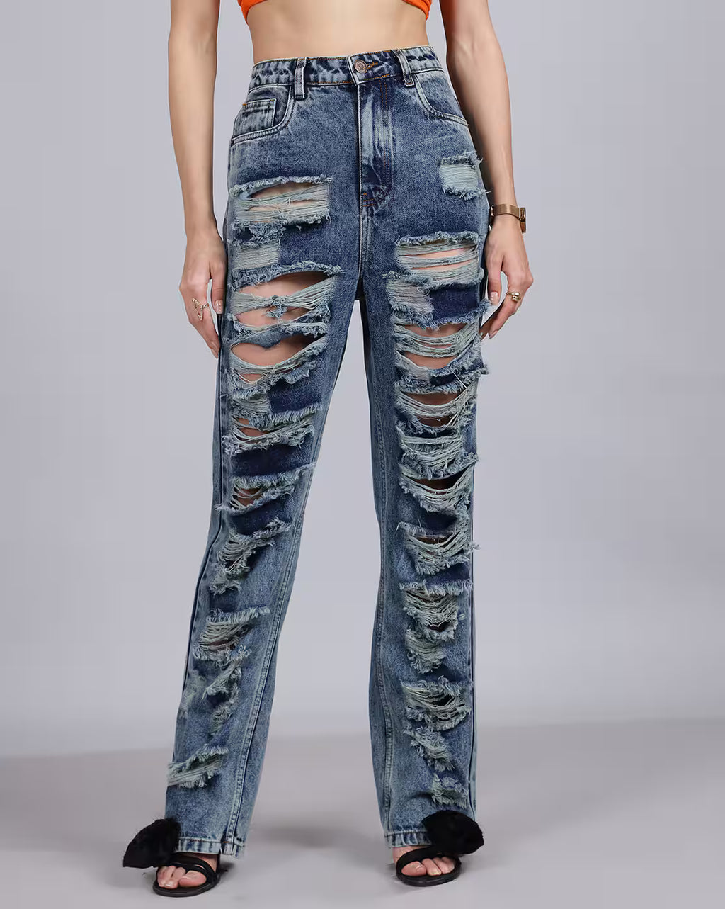 Full Length High Rise Heavy Distress Straight Fit Jeans
