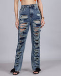 Full Length High Rise Heavy Distress Straight Fit Jeans