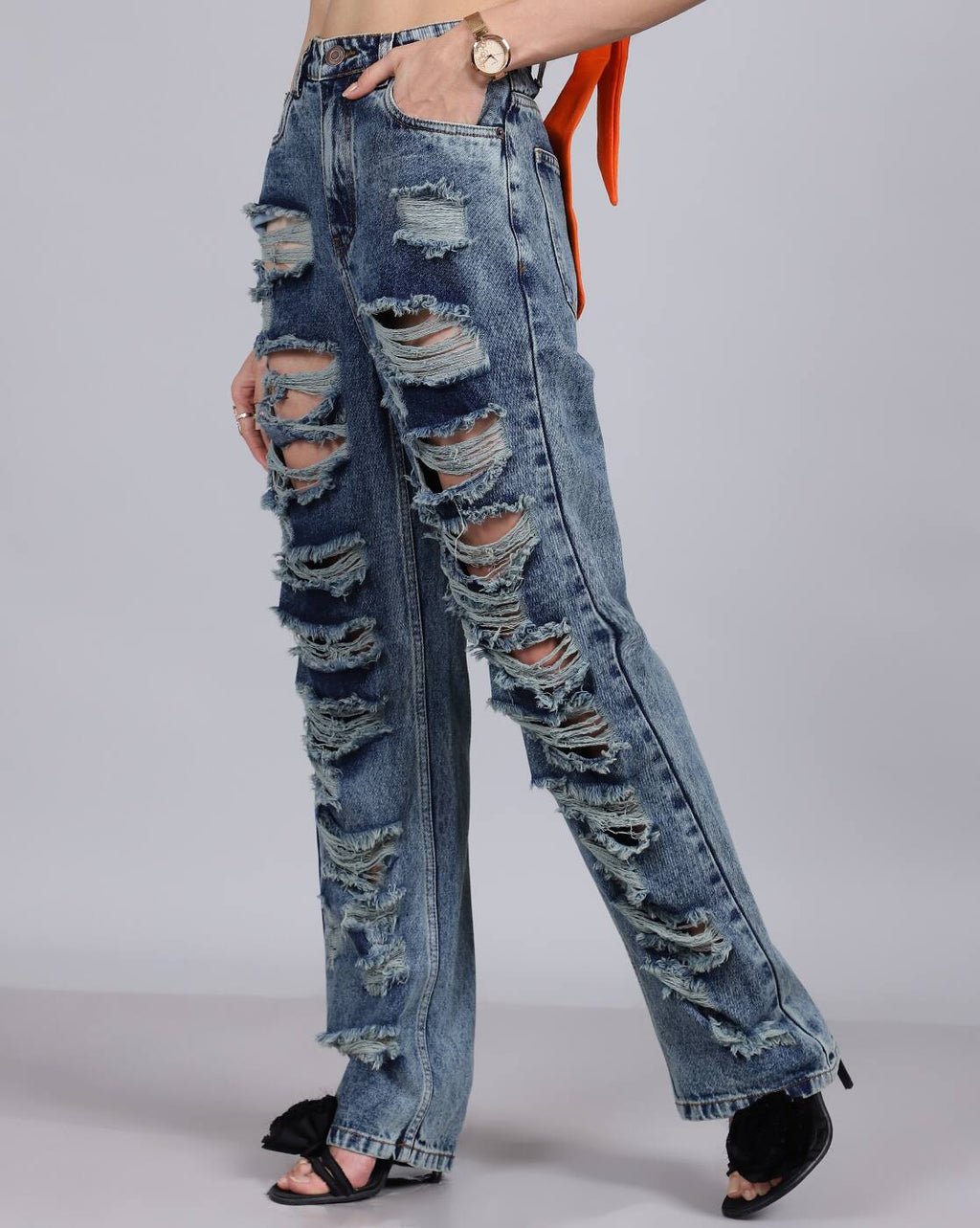 Full Length High Rise Heavy Distress Straight Fit Jeans