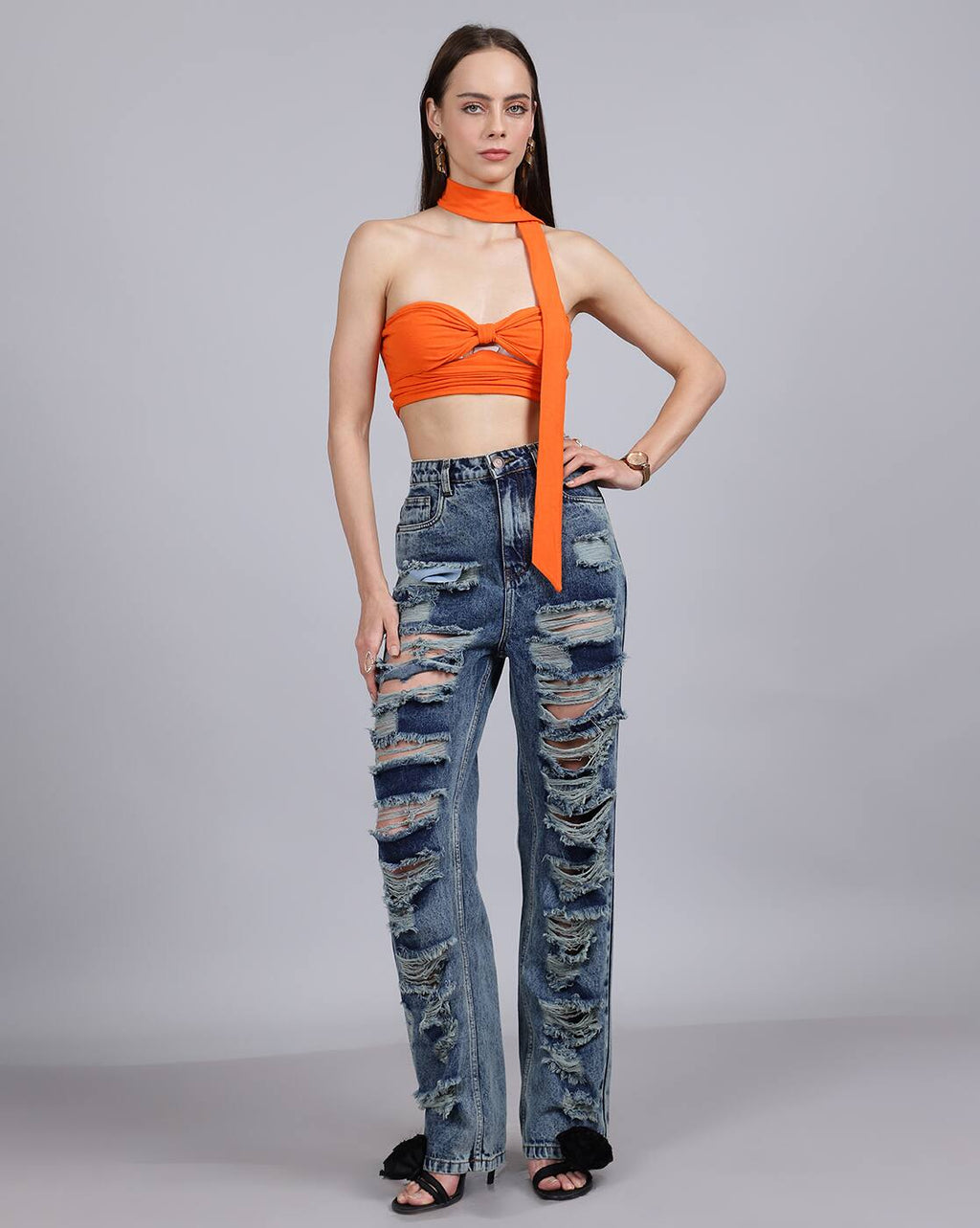 Full Length High Rise Heavy Distress Straight Fit Jeans