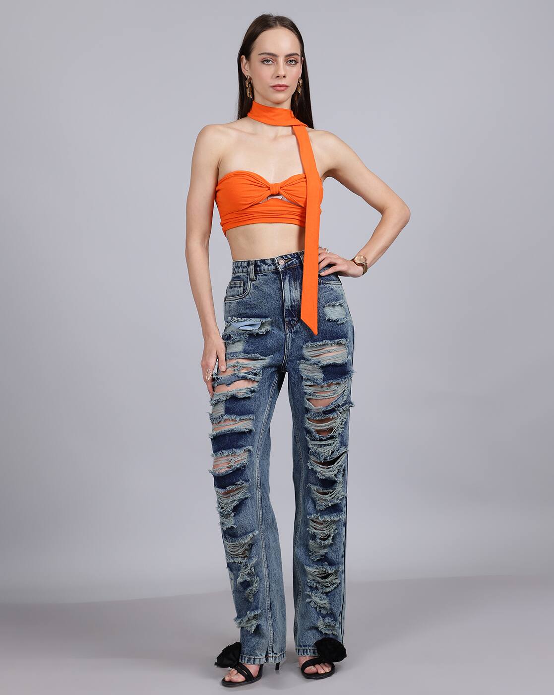 Full Length High Rise Heavy Distress Straight Fit Jeans