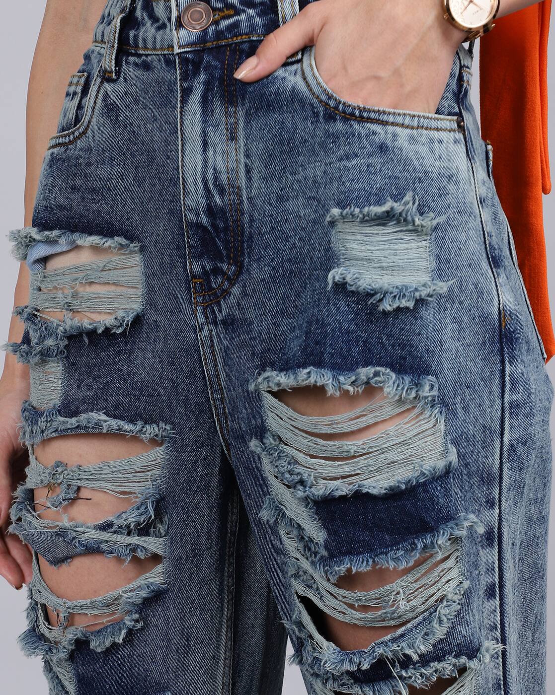 Full Length High Rise Heavy Distress Straight Fit Jeans