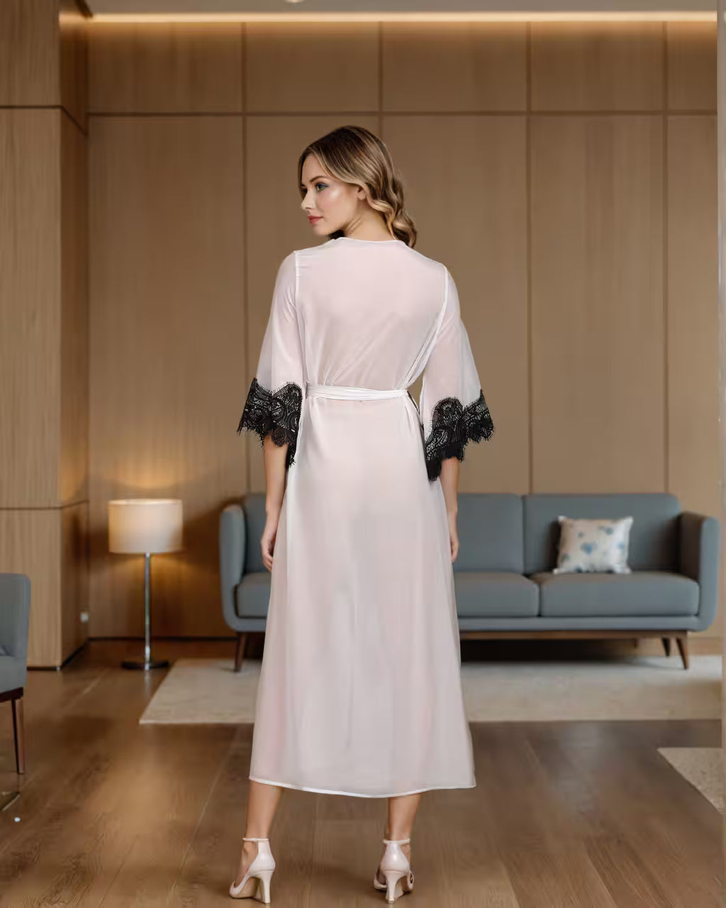 Dressbees Bell Sleeves Slit Hem Lace Trim A-Line Dress