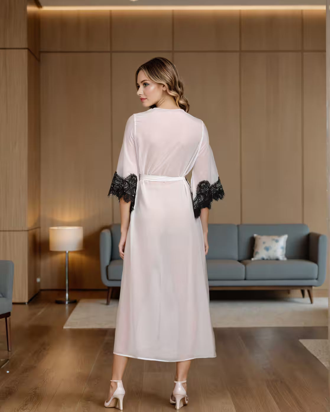 Dressbees Bell Sleeves Slit Hem Lace Trim A-Line Dress