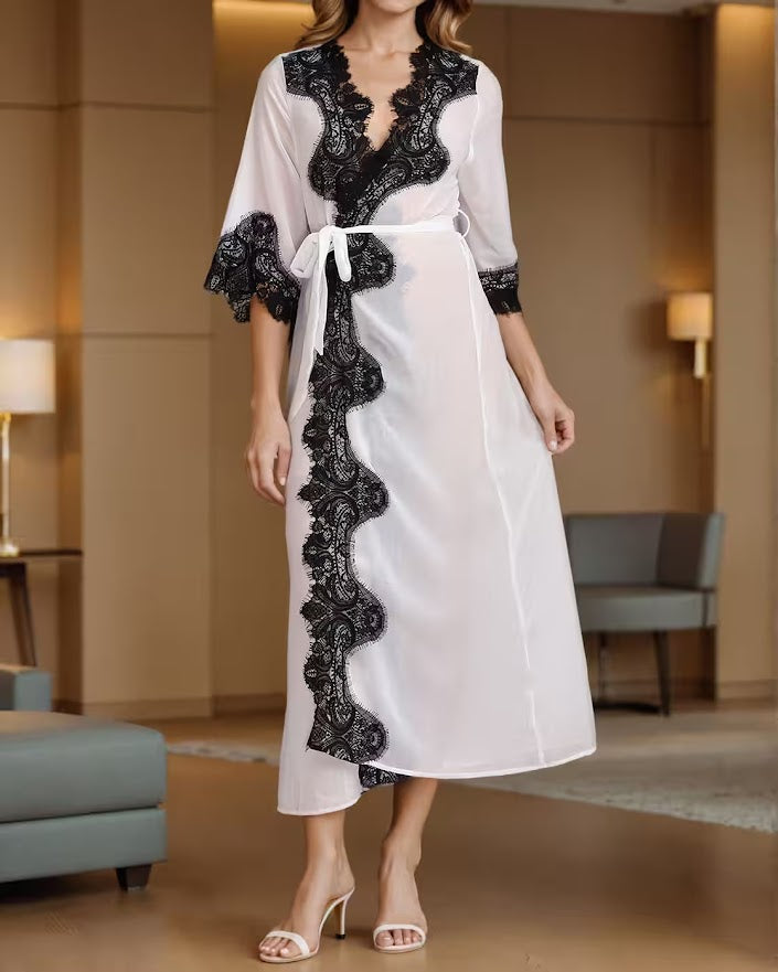 Bell Sleeves Slit Hem Lace Trim A-Line Dress