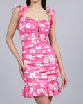 Cute Front Tie-Up Floral Print Ruched Mini Bodycon Dress