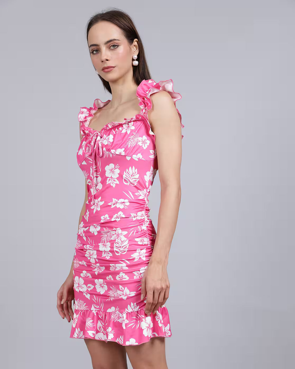 Cute Front Tie-Up Floral Print Ruched Mini Bodycon Dress