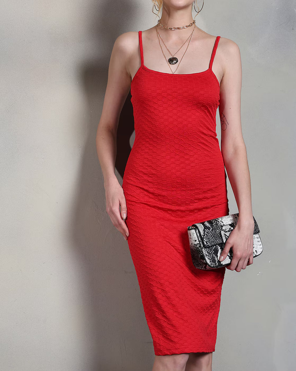 Dressbees Party Spaghetti Strap Textured Back Slit Bodycon Dress