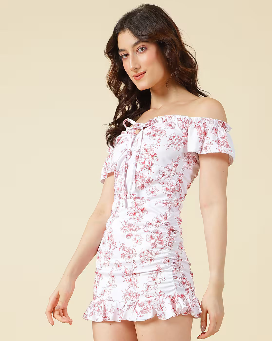 Dressbees Cute Off Shoulder Floral Print Ruched Bodycon Dress