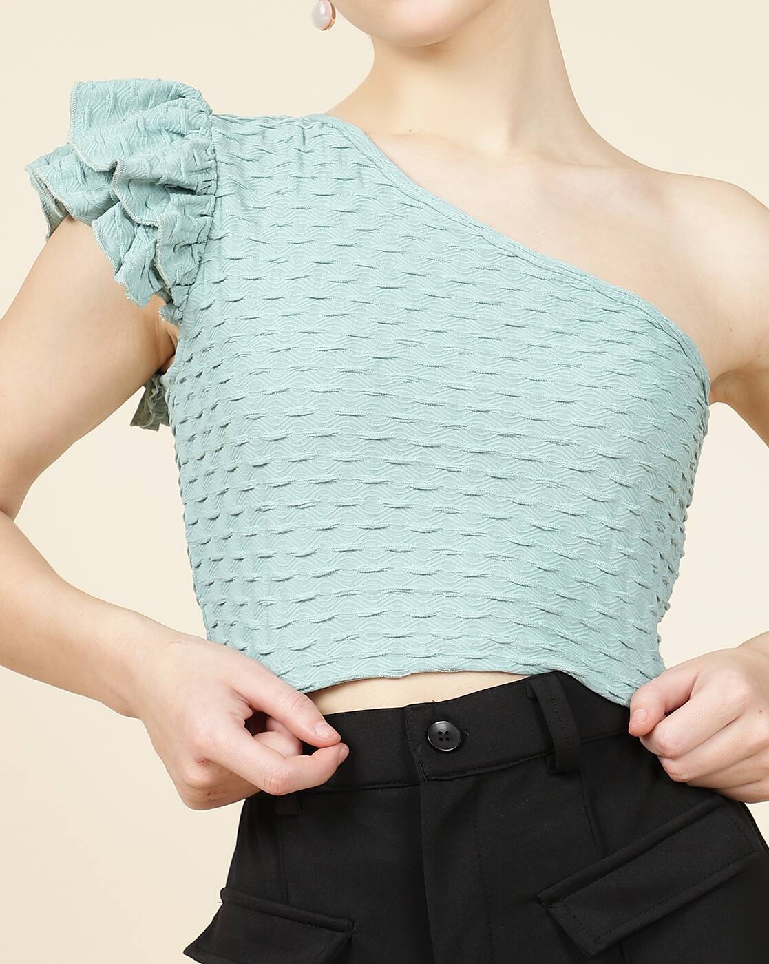 Ruffled One Shoulder Self-Designed Fitted Crop Top