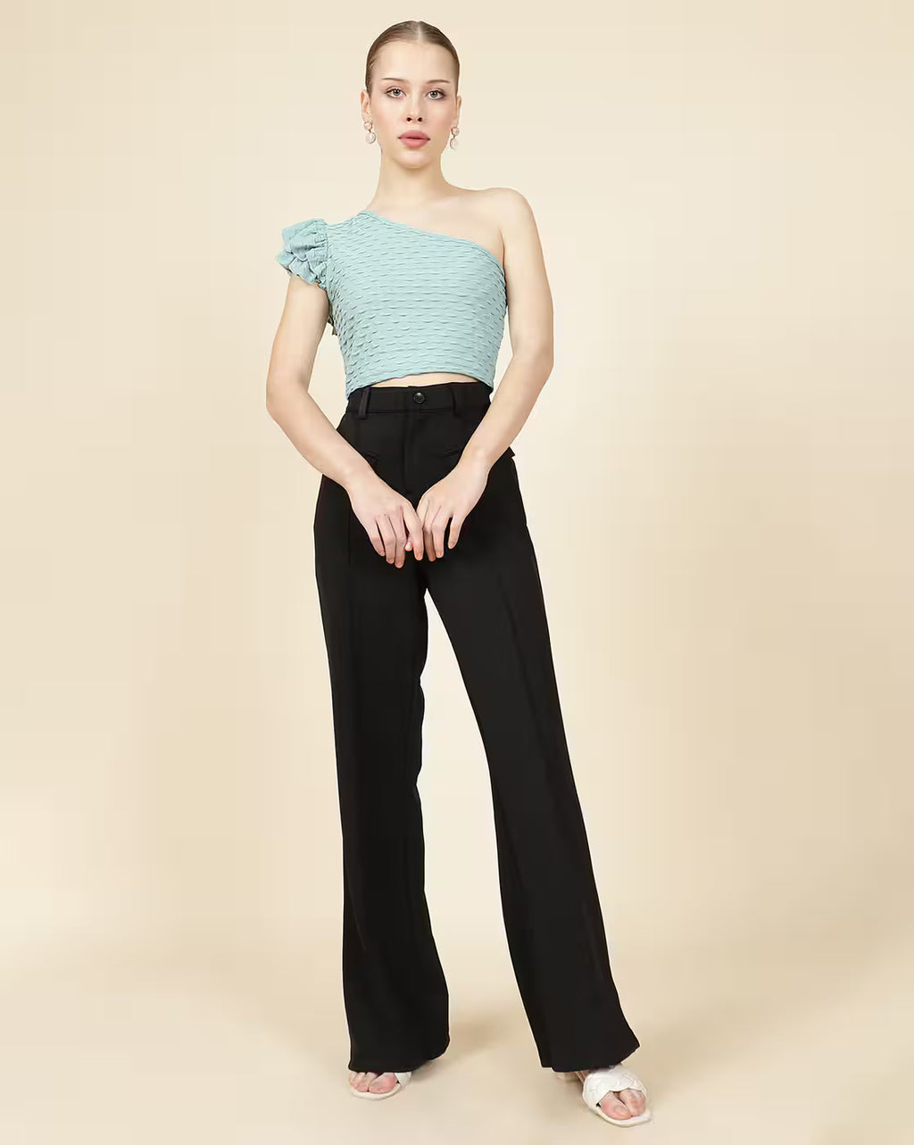 Ruffled One Shoulder Self-Designed Fitted Crop Top