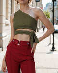 One Shoulder Side Tie-Up Textured Fitted Crop Top
