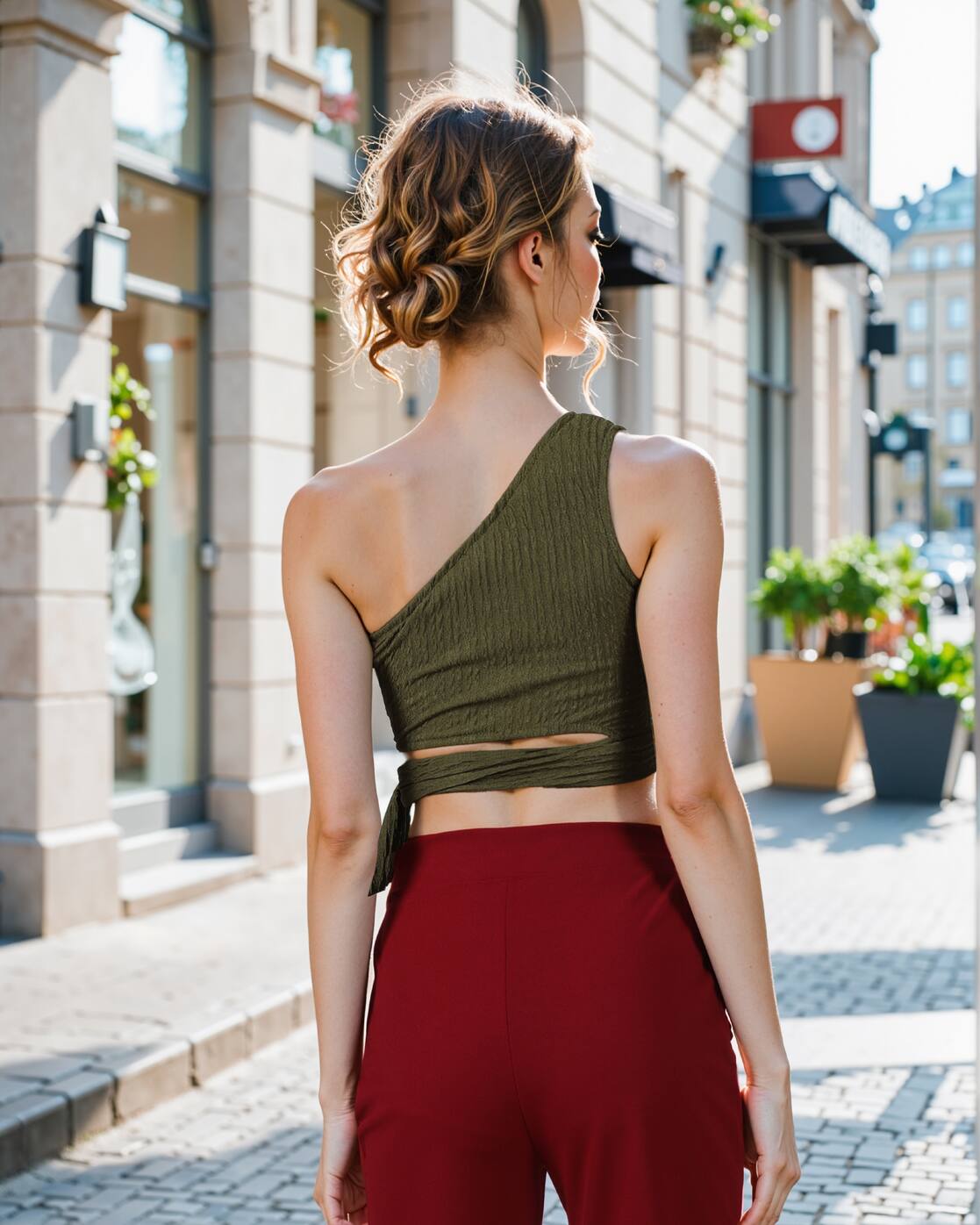 One Shoulder Side Tie-Up Textured Fitted Crop Top