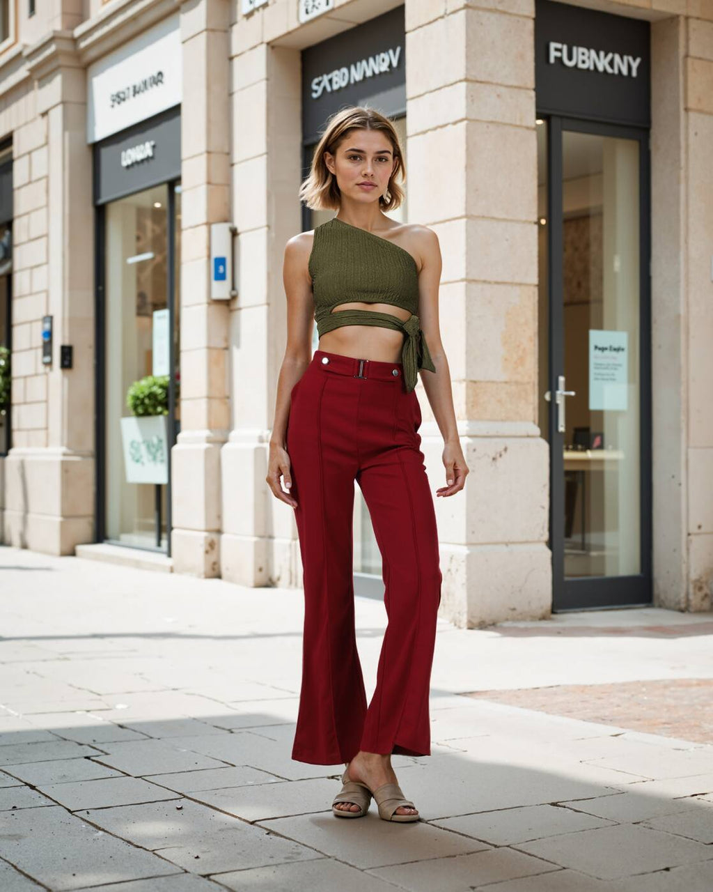 One Shoulder Side Tie-Up Textured Fitted Crop Top