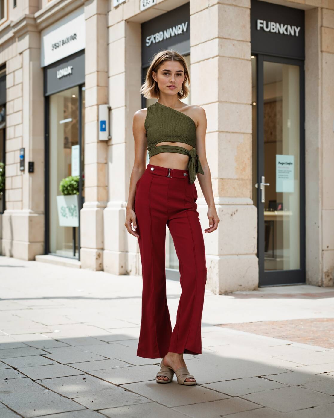 One Shoulder Side Tie-Up Textured Fitted Crop Top