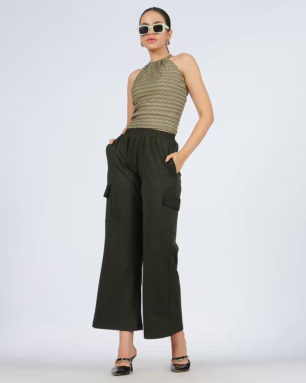 Halter Neck Textured Criss-Cross Back Fitted Top