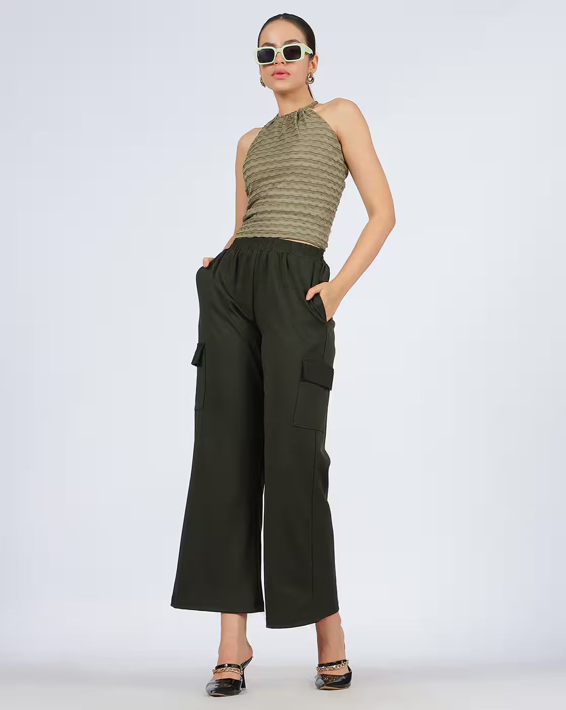 Halter Neck Textured Criss-Cross Back Fitted Top