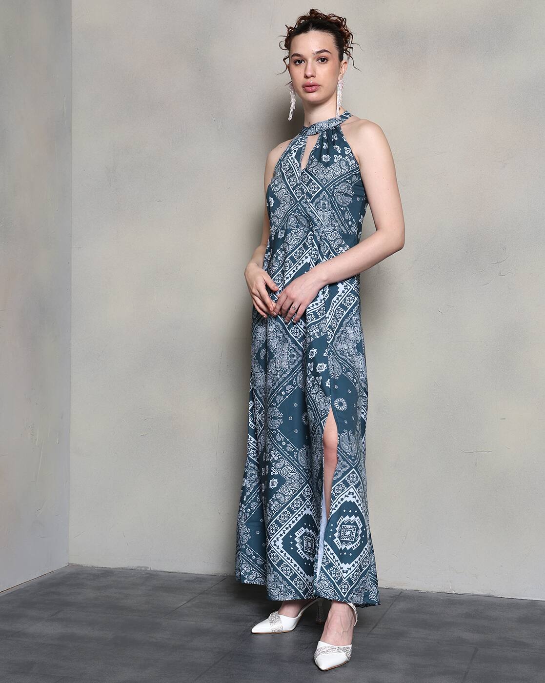 Dressbees Bohemian Halter Neck Paisley Print Split Thigh Dress