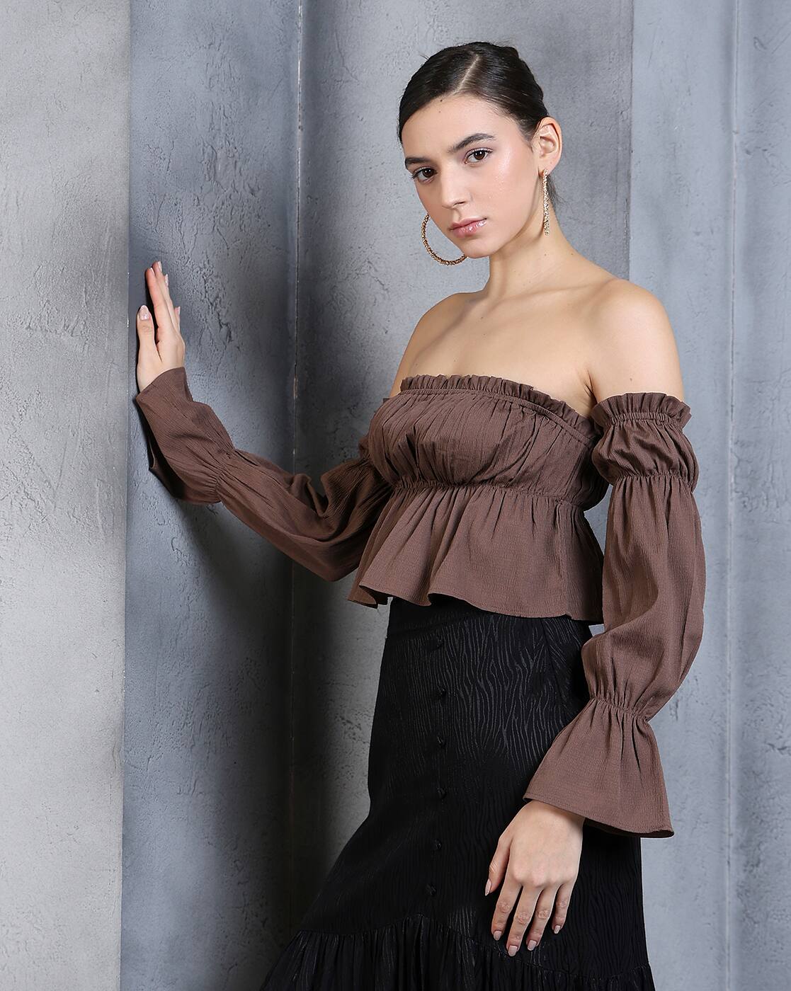 Party Off-Shoulder Flounce Sleeves Cinched Waist Fitted Crop Top