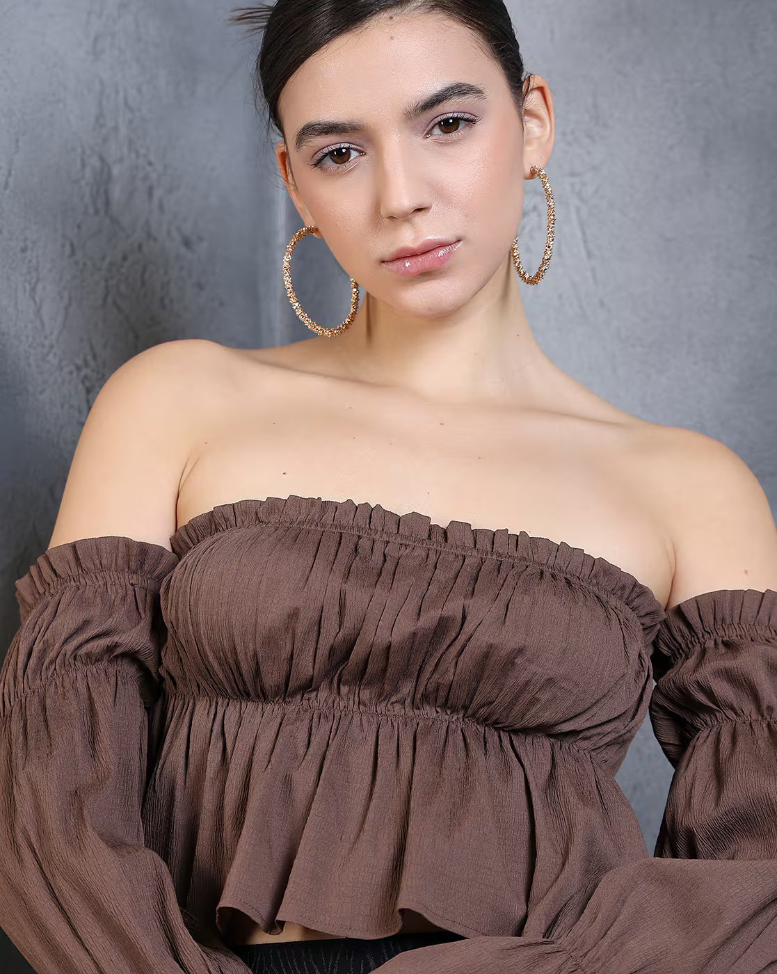 Party Off-Shoulder Flounce Sleeves Cinched Waist Fitted Crop Top