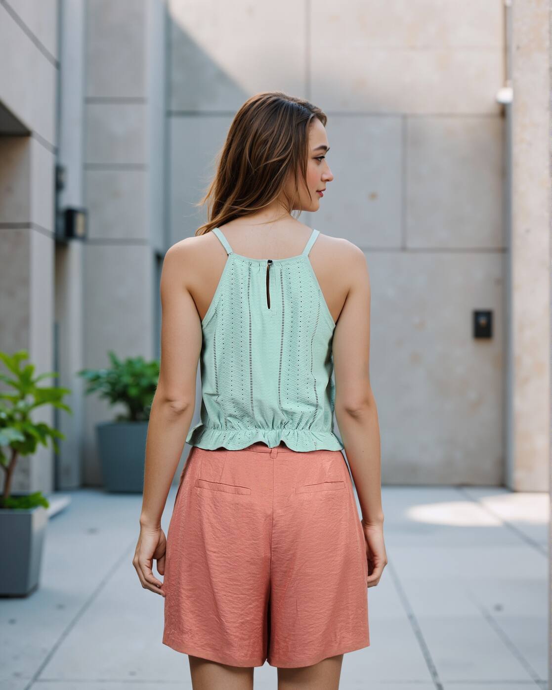 Dressbees Halter Neck Ruffled Hem Fitted Short Eyelet Top