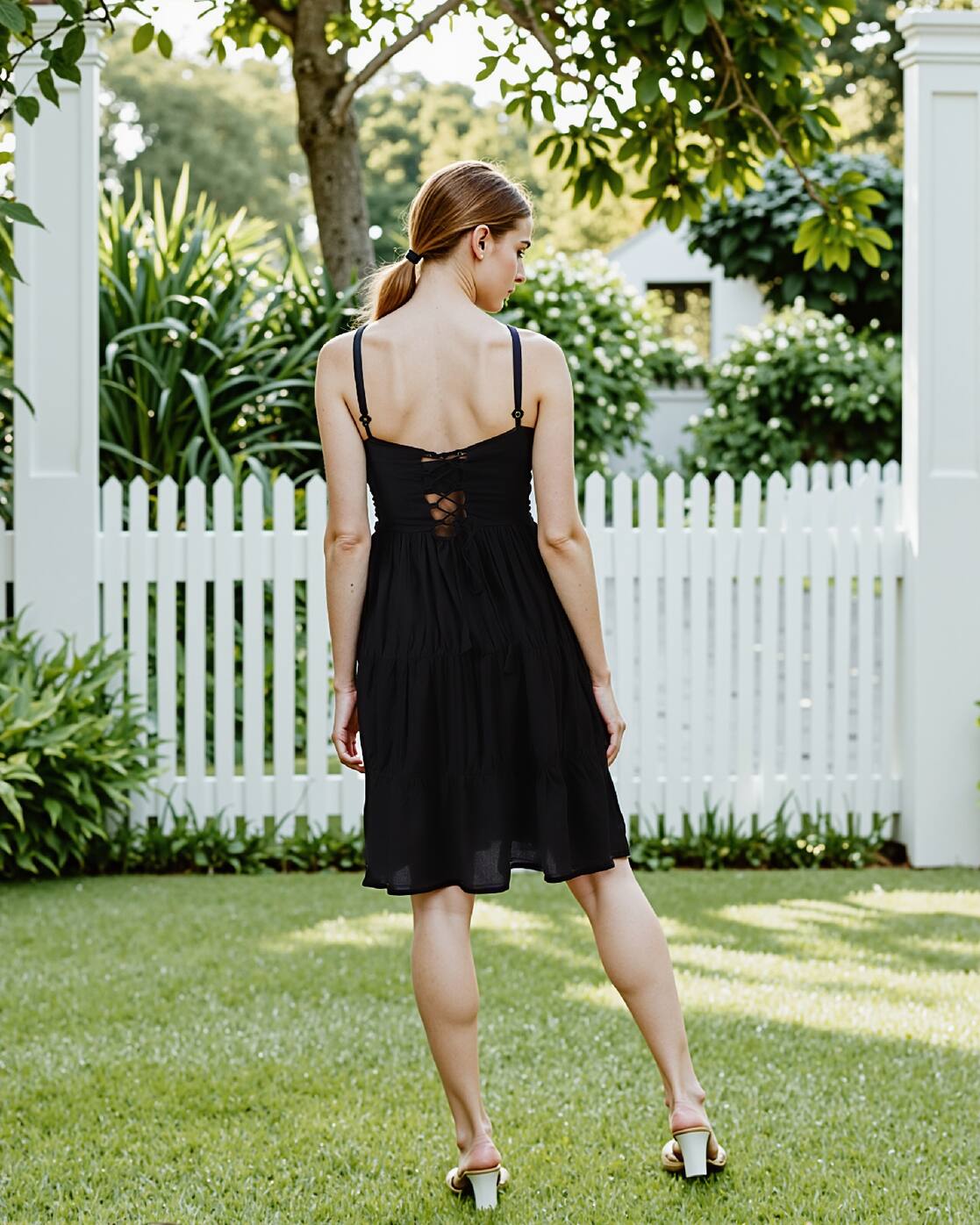 DRESSBEES Cute Back Criss Cross Tie-Up Smocked Tiered Dress