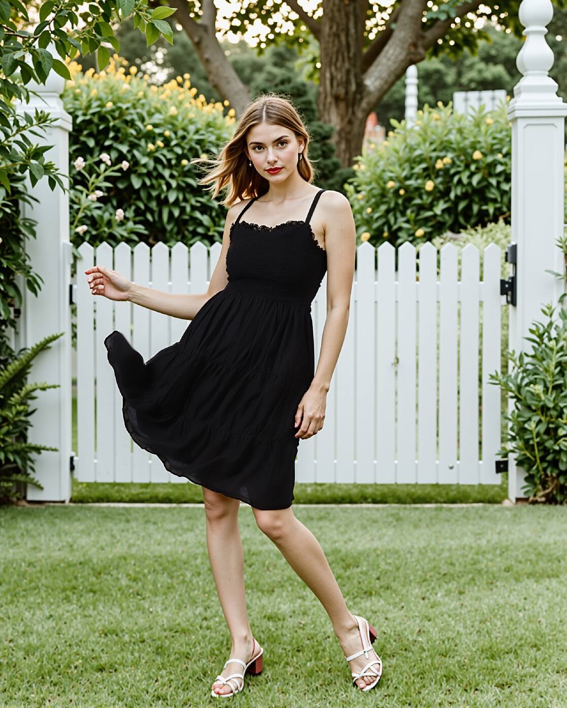 DRESSBEES Cute Back Criss Cross Tie-Up Smocked Tiered Dress