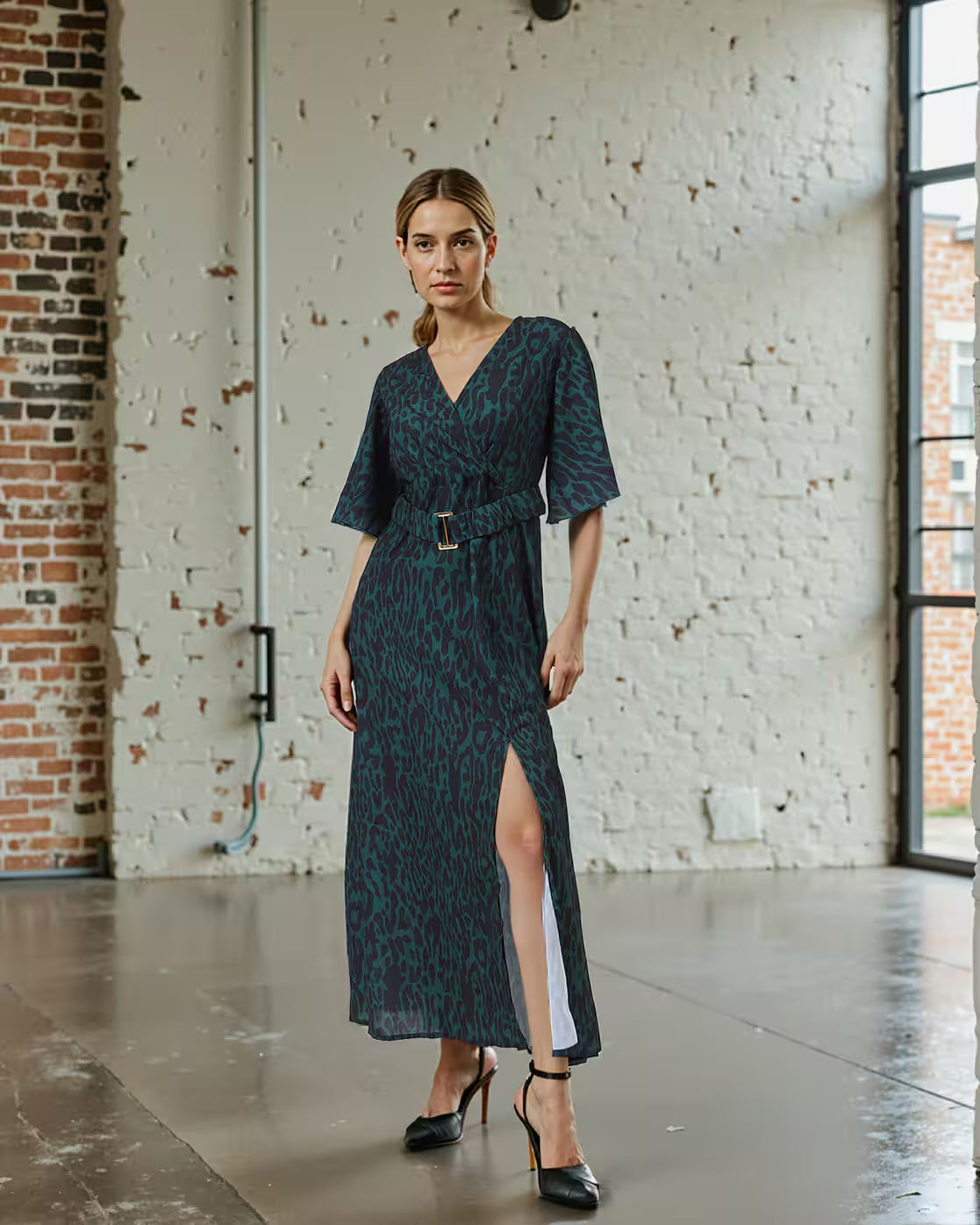 Dressbees Modest Flutter Sleeves Animal Print Split Thigh Dress