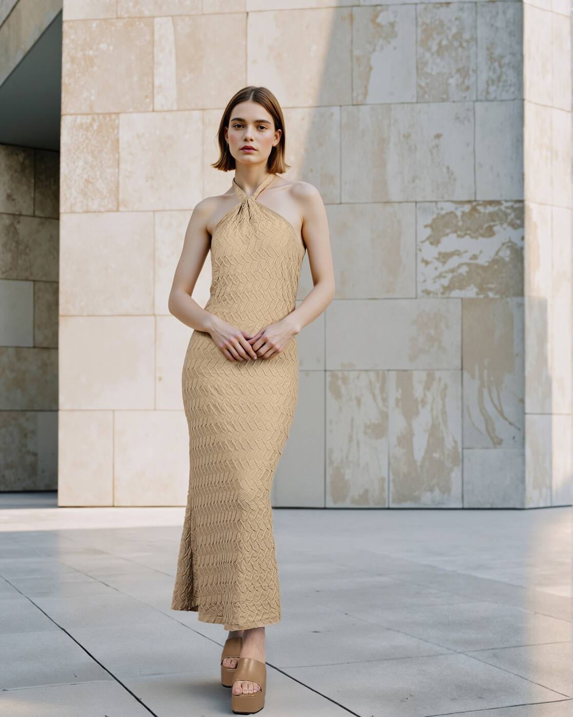 Party Halter Neck Backless Textured Mermaid Dress