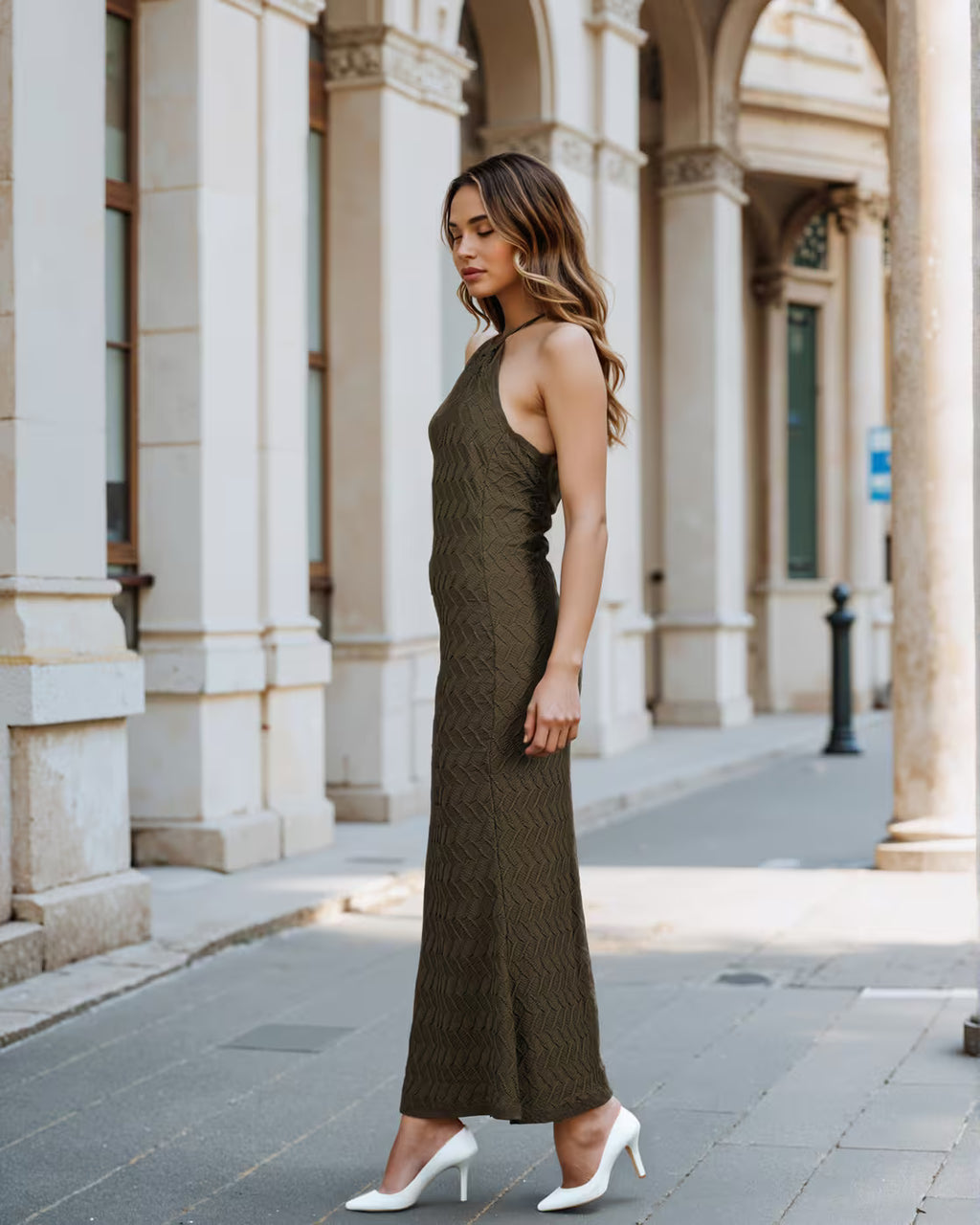 Dressbees Party Halter Neck Backless Textured Mermaid Dress