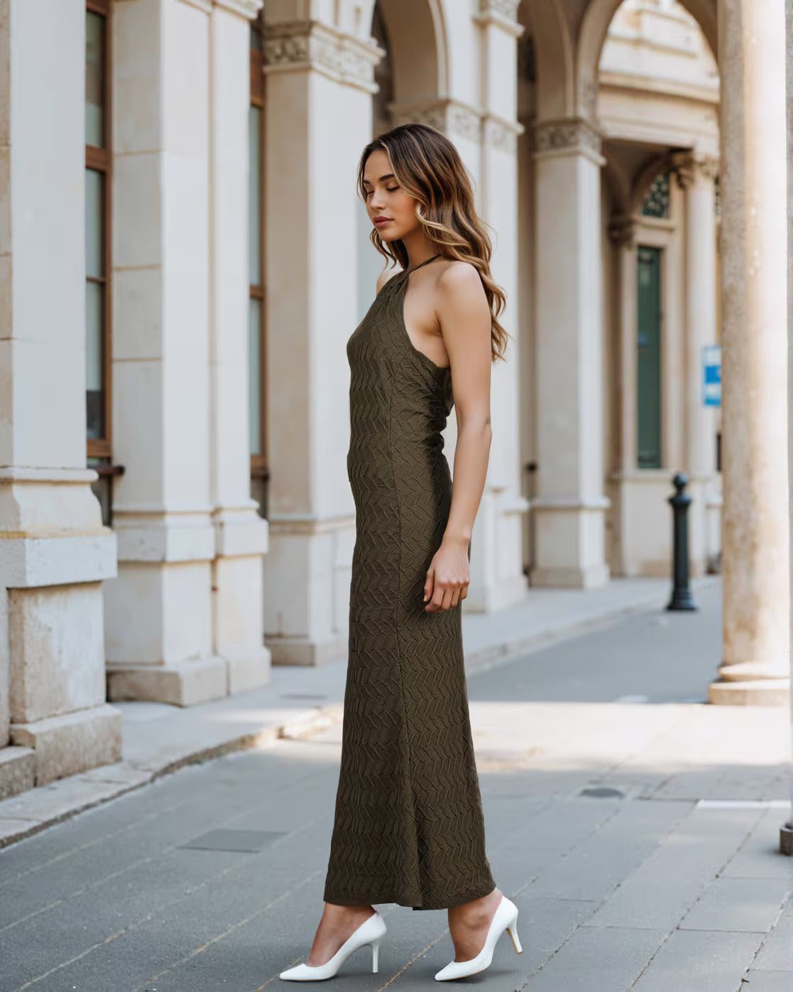 Dressbees Party Halter Neck Backless Textured Mermaid Dress