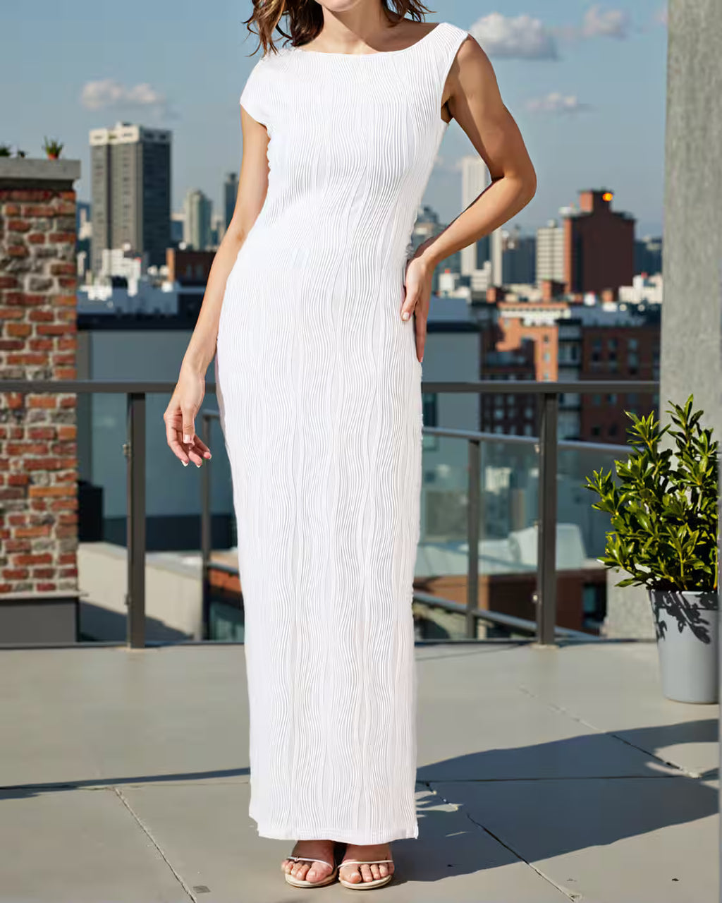 Party Asymmetrical Neck Textured Pleated Column Dress