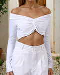Party Fitted Off Shoulder Front Twisted Knot Crop Blouson Top