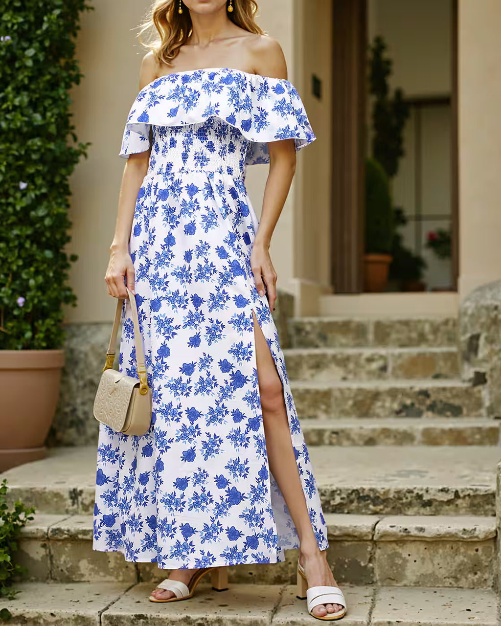 Elegant Off Shoulder Floral Print A-Line Dress