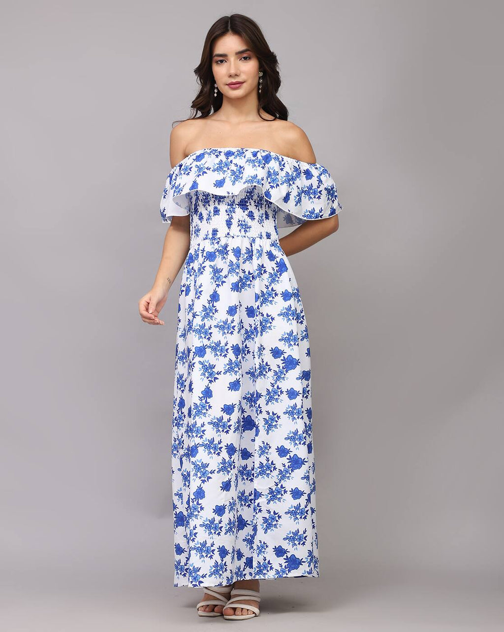 Elegant Off Shoulder Floral Print A-Line Dress