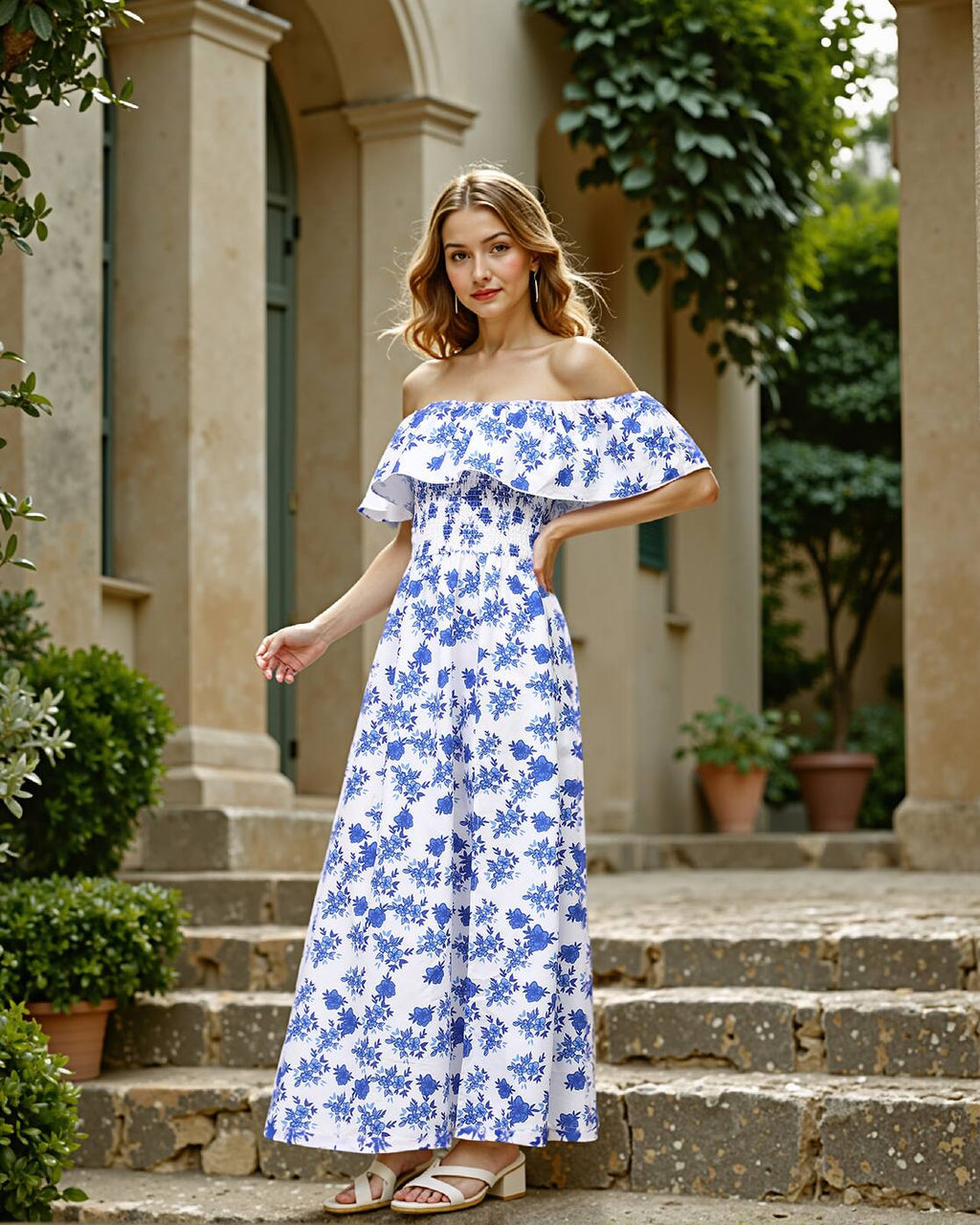 Elegant Off Shoulder Floral Print A-Line Dress