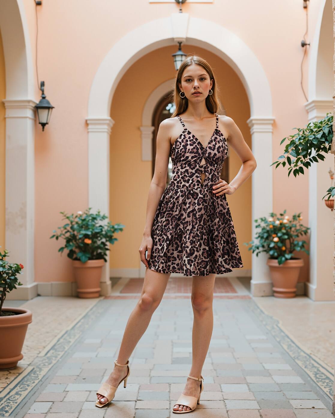 Spaghetti Strap Animal Print Cut-Out Fit and Flare Dress